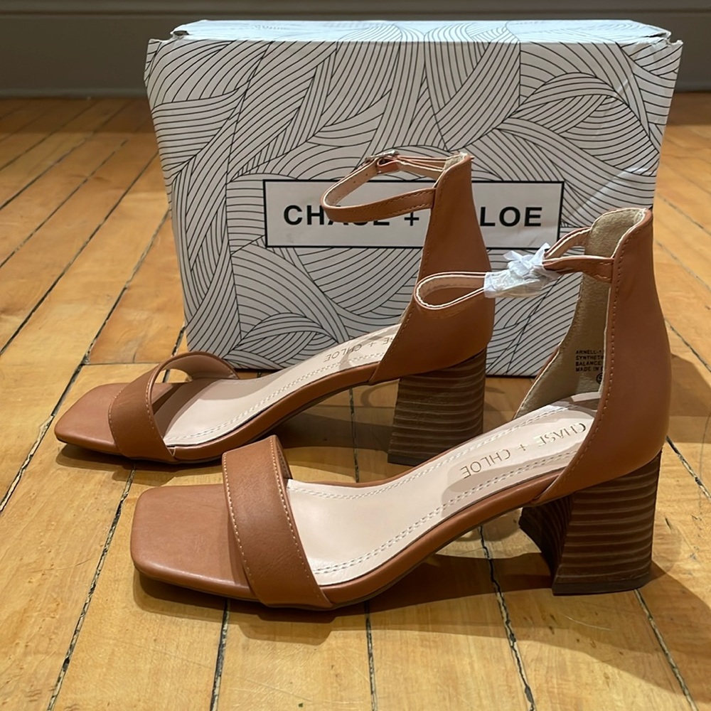 Brand New - Tan open-toed heels w/ankle-strap